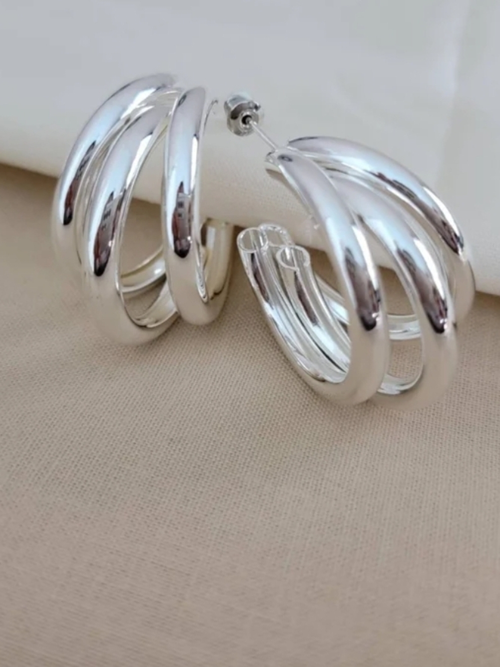 Silver Triple-Row Hoop Earrings - Silver